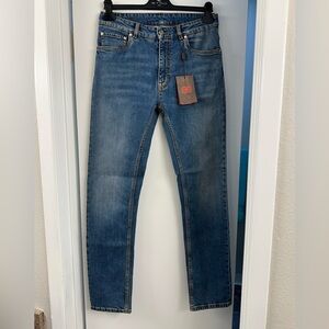 NWT $790 Etro Pegaso Embroidery Cotton stretch Jean slim fit light blue washed